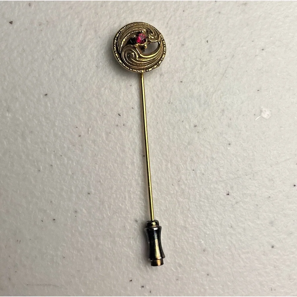 Vintage Red Glass Rhinestone Gold Tone Hat Stick Pin Art Nouveau Estate Find